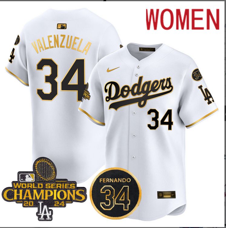 Women MLB Los Angeles Dodgers #34 Valenzuela white 2024 World Series Champions Patch Limited Jersey style 3->women mlb jersey->Women Jersey